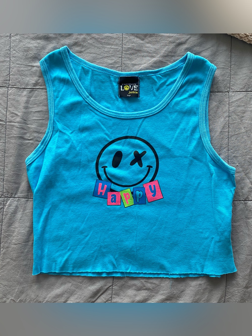 Denny’s Kids LOVE JunkieBright Turquoise "Happy" Smiley Tank Top